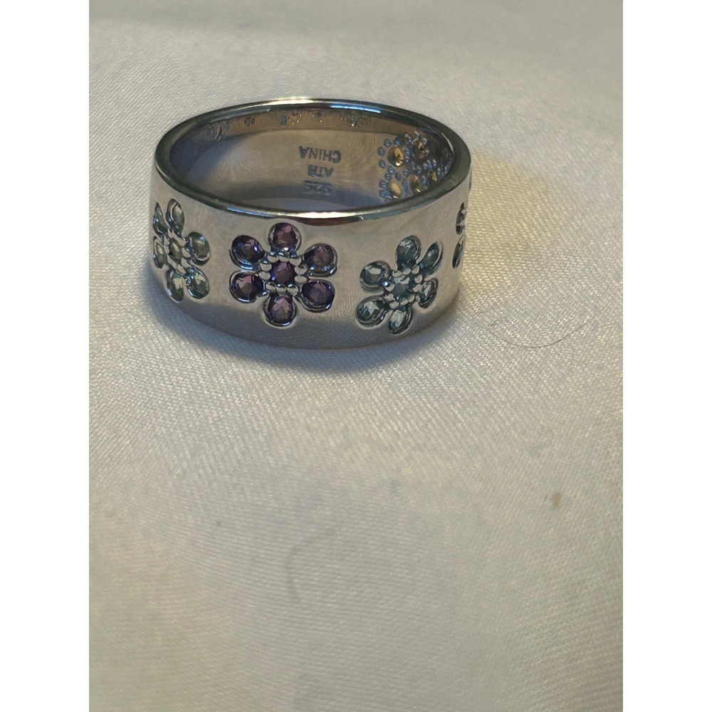 ATR 925 Sterling Silver Multi Gemstone Flower Cluster Wide Band Ring Womens